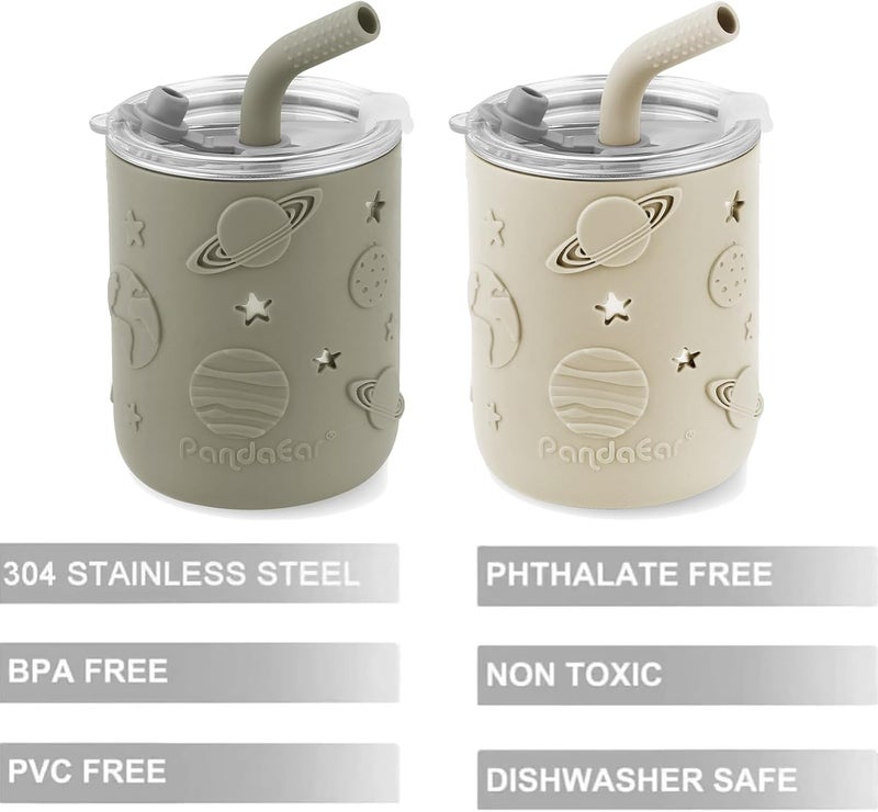 PandaEar 2 Pack Stainless Steel Toddler Cups with Lids & Silicone Sleeves | 8.8 oz Spill Proof Sippy Cups with Straw Stopper & Teething-Friendly Straws for Kids & Babies (Beige & Khaki) - Image 2